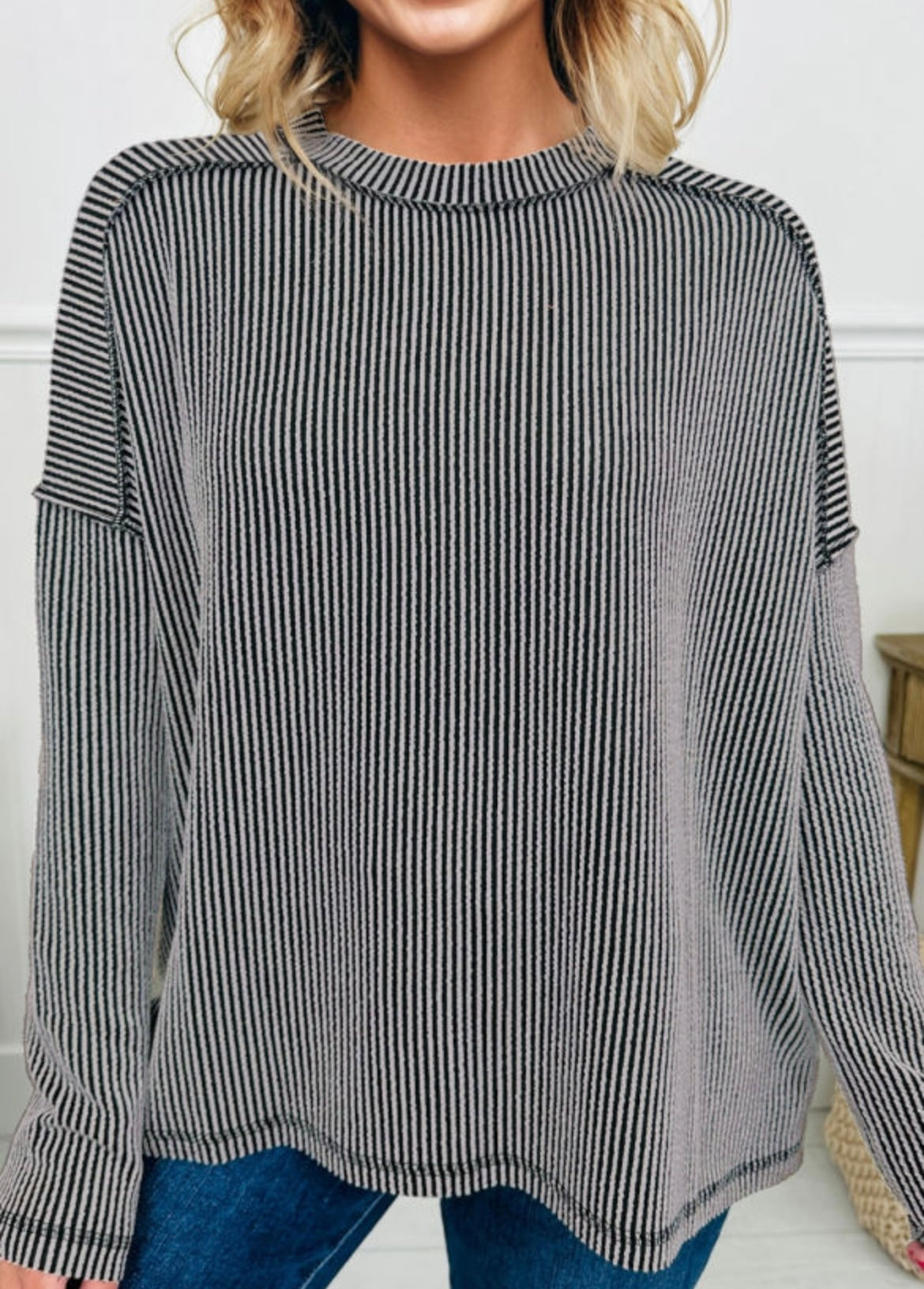 Black Ribbed Loose Long-sleeve